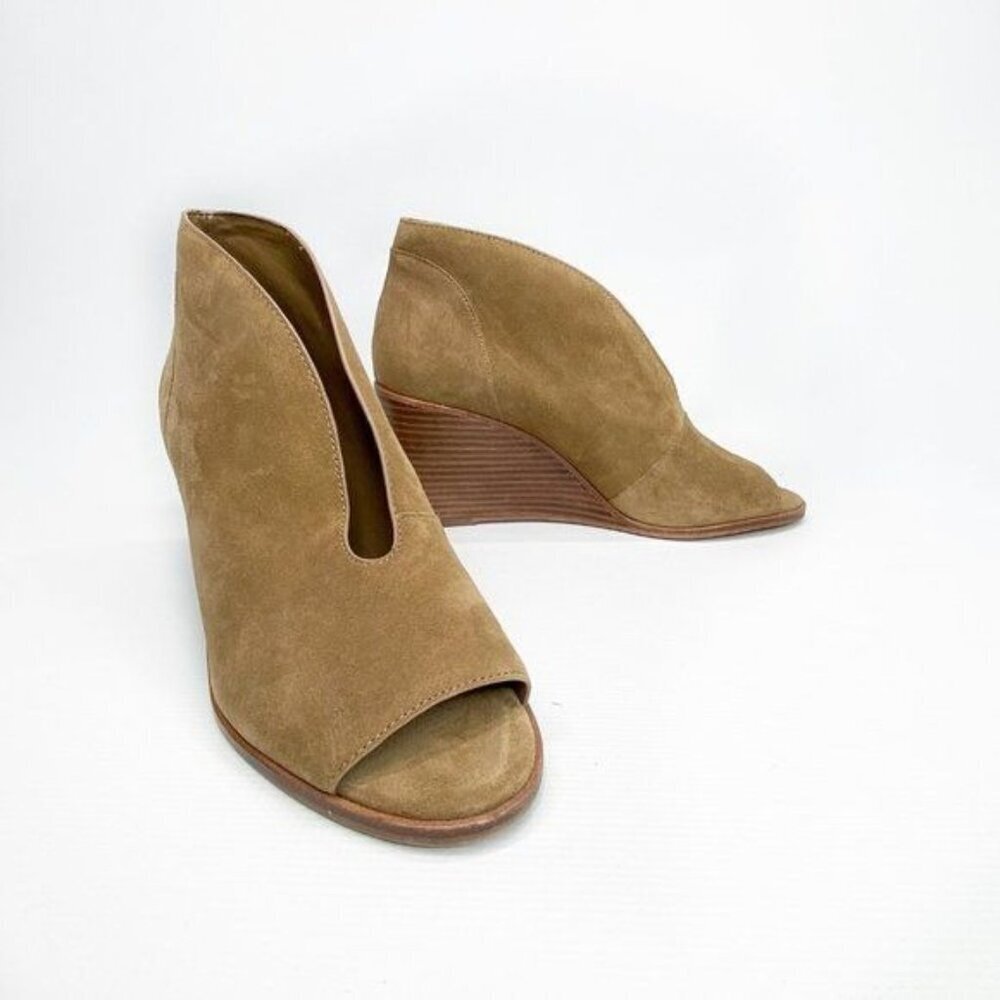 1.STATE Eren Wedge Pump Bootie Caramel Brown Suede Open Toe Cutout 10‎
